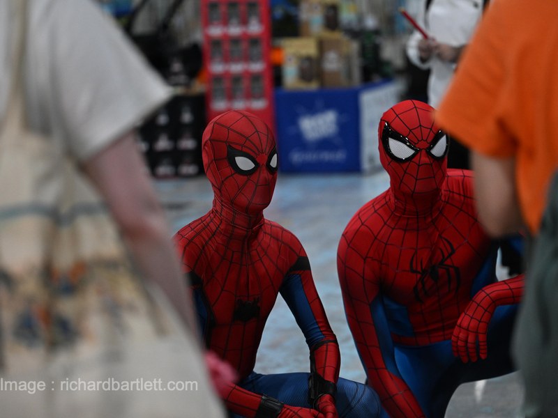 Two Spider-Man cosplayers meeting fans
